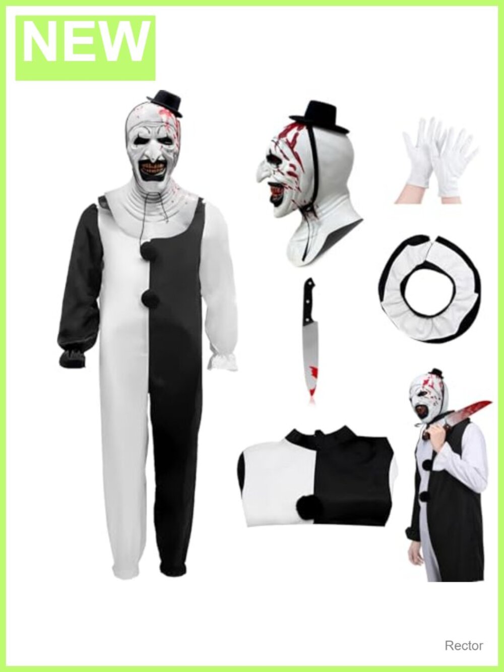 5PCS Art Clown Costume Adult Terrifying Latex Mask Halloween Outfit